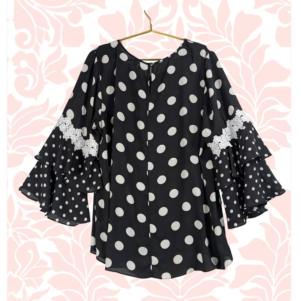 Black White Size 2X Polka Dot Ruffle Sleeve Lace Trim Georgette Blouse Top